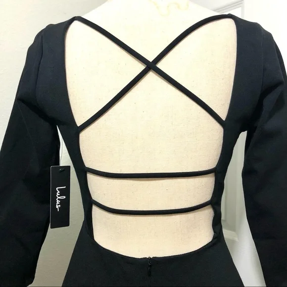 NWT LULU’S Don’t Stop the Beat Backless Crisscross Skater Dress Blk Sz M - Picture 10 of 15